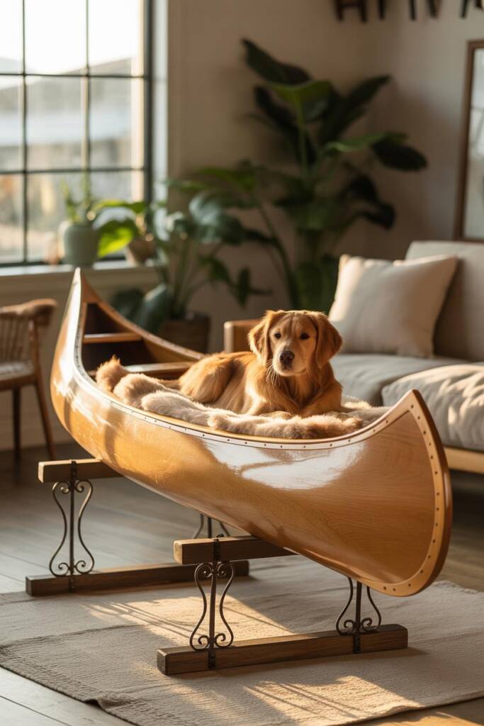 A sleek wooden canoe elevated on custom rustic wooden stands, containing a fully stretched-out Labrador Retriever lying on a