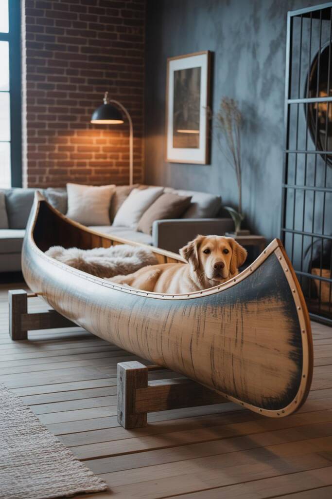 A sleek wooden canoe elevated on custom rustic wooden stands, containing a fully stretched-out Labrador Retriever lying on a