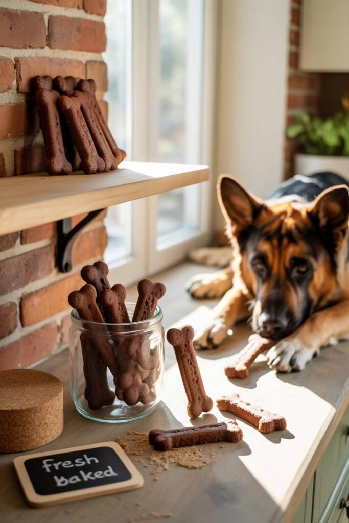 Rustic Italian-inspired scene with dark brown bone-shaped biscotti arranged in a vintage glass jar with cork lid. Several bis