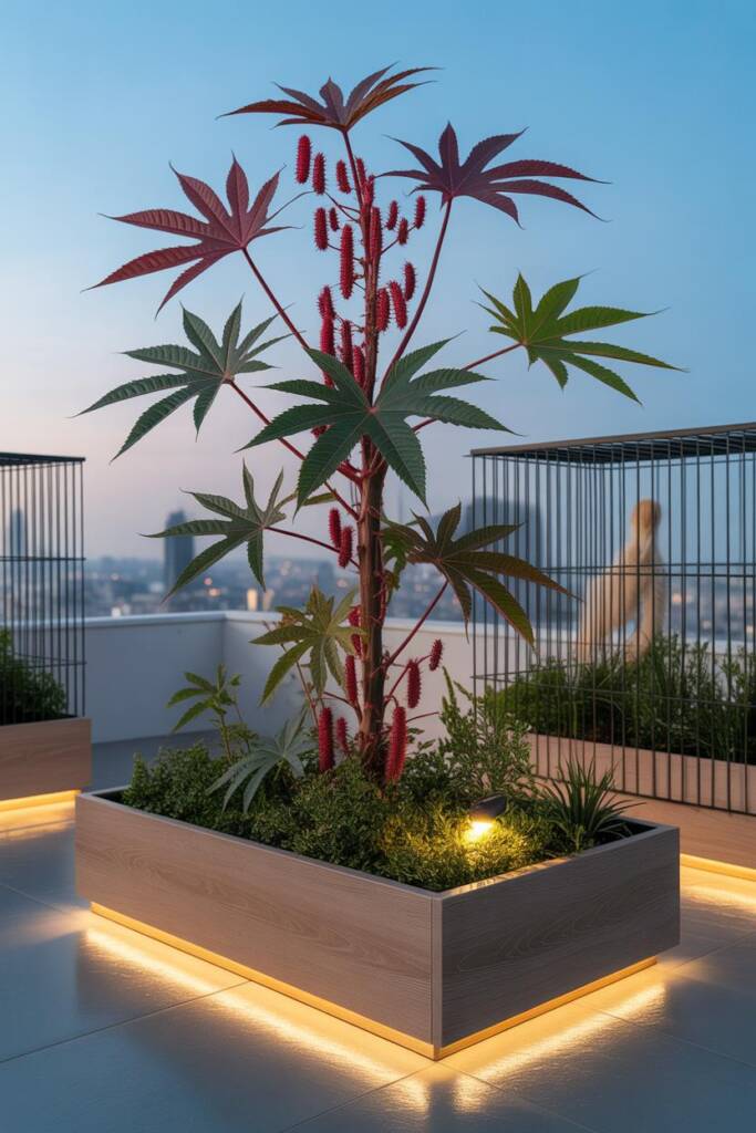 Dramatic castor bean plant towering over garden with large palmate burgundy leaves and spiky red seed pods, modern xeriscapin