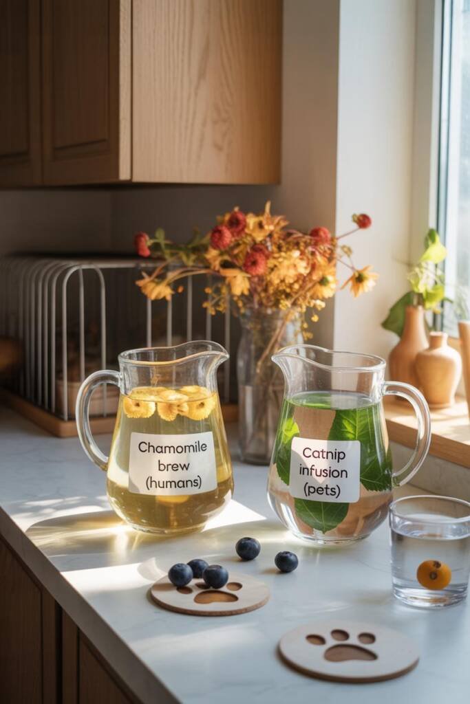 Two glass pitchers on a marble countertop: one labeled “Chamomile Brew (Humans)” with floating yellow chamomile blossoms, one