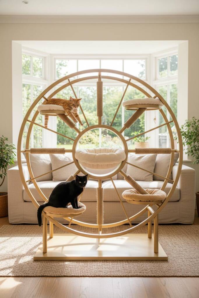 A spectacular circular sunburst cat climber with central hub and radiating brushed champagne gold metal spokes. Between spoke