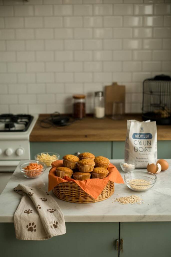 Tray of golden mini muffins in orange liners, ingredients scattered: shredded chicken, grated carrot, oat flour bag, cracked