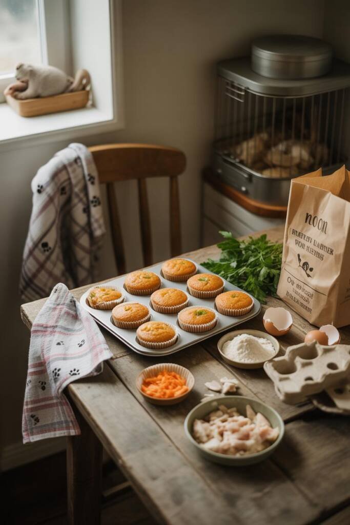 Tray of golden mini muffins in orange liners, ingredients scattered: shredded chicken, grated carrot, oat flour bag, cracked