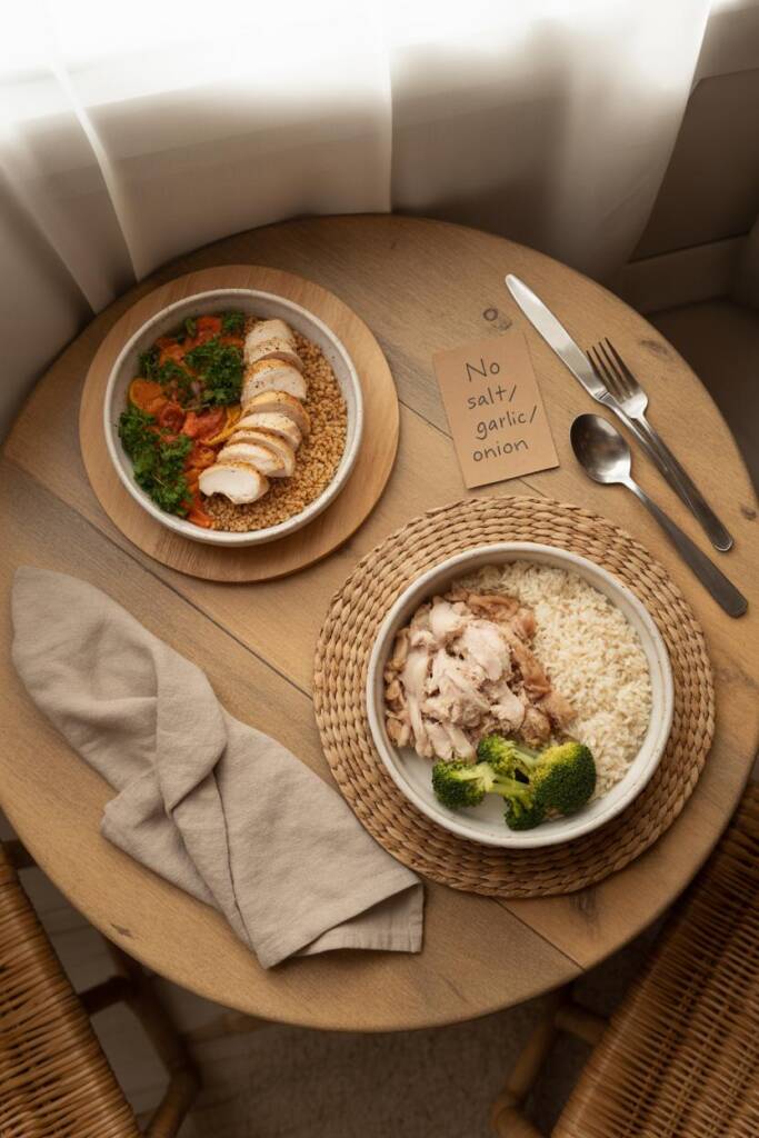 Top-down family table: two matching bowls—one human bowl with sliced chicken, sautéed veggies, parsley; one dog bowl with pla