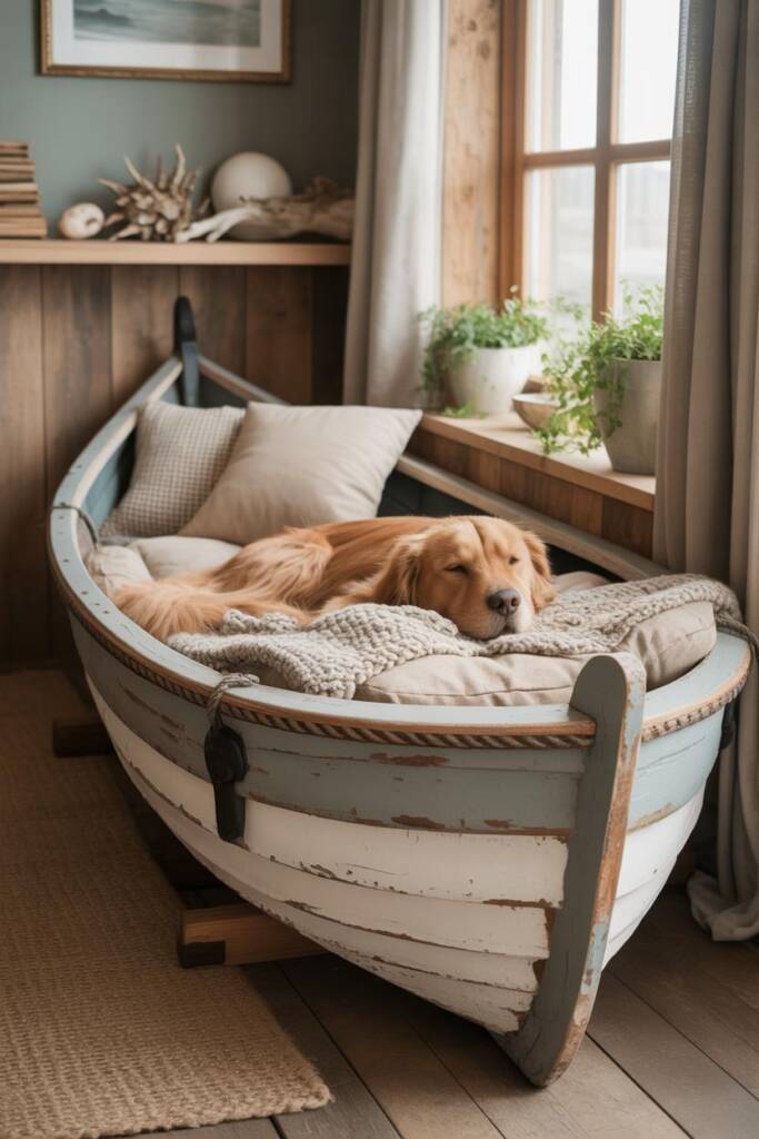 A beautiful time-worn wooden rowboat with peeling white and gray paint showing layers of history, positioned by a sunlit wind