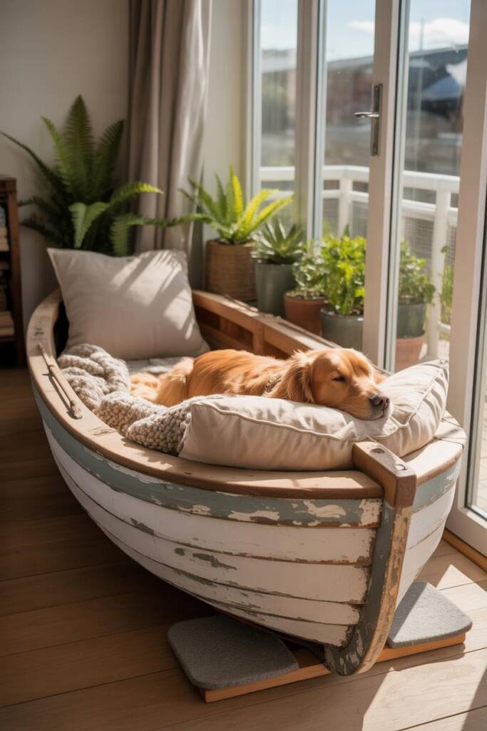A beautiful time-worn wooden rowboat with peeling white and gray paint showing layers of history, positioned by a sunlit wind