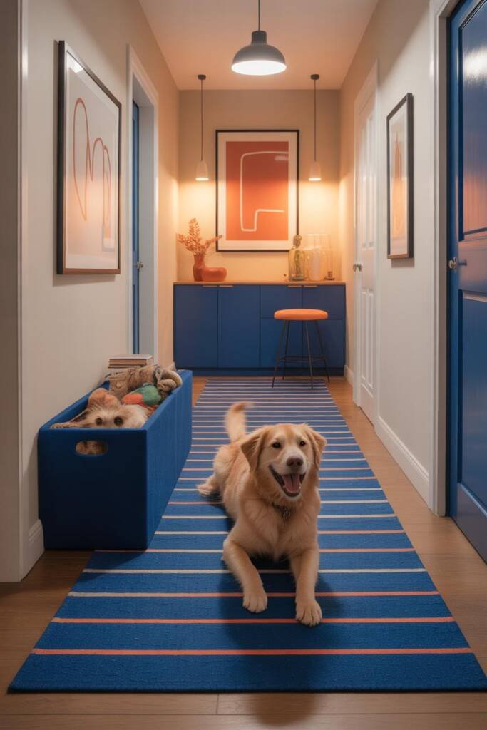 Bright hallway with cobalt blue and tangerine striped runner rug, excited dog running through leaving barely visible marks, c