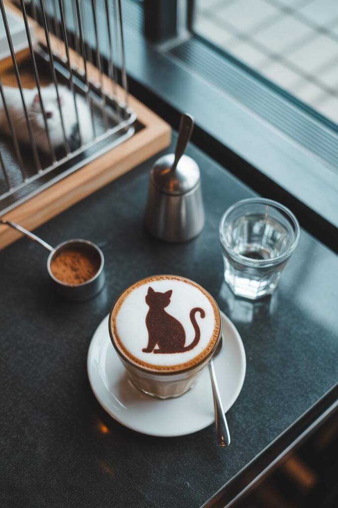 Overhead latte with a crisp cocoa silhouette of a sitting cat with curled tail on smooth white foam; no smudges, sharp outlin