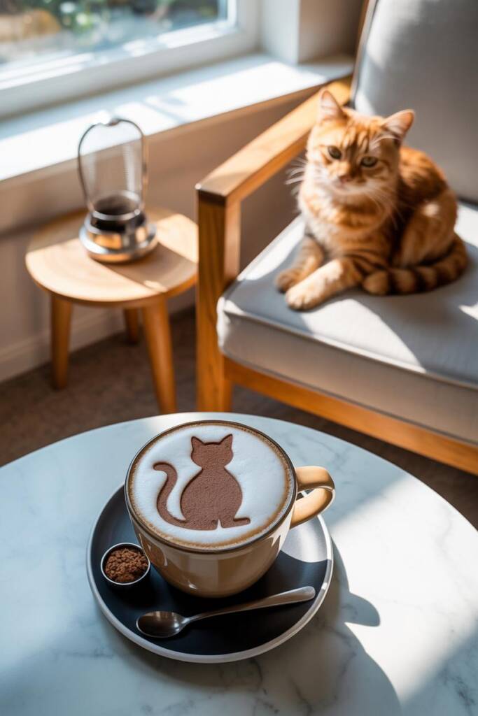 Overhead latte with a crisp cocoa silhouette of a sitting cat with curled tail on smooth white foam; no smudges, sharp outlin