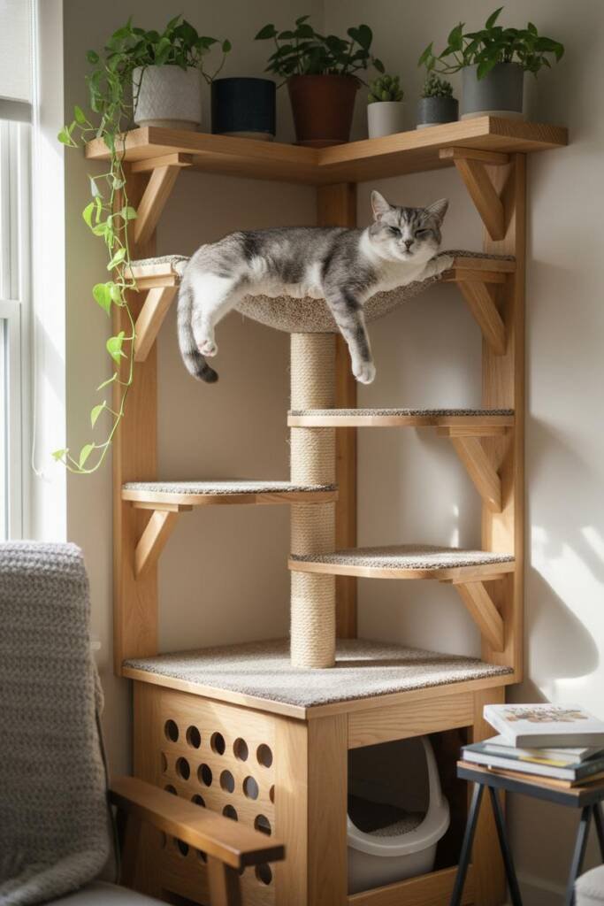 Triangular tower designed to fit 90-degree corner angles with angled base compartment concealing litter box, spiral arrangeme