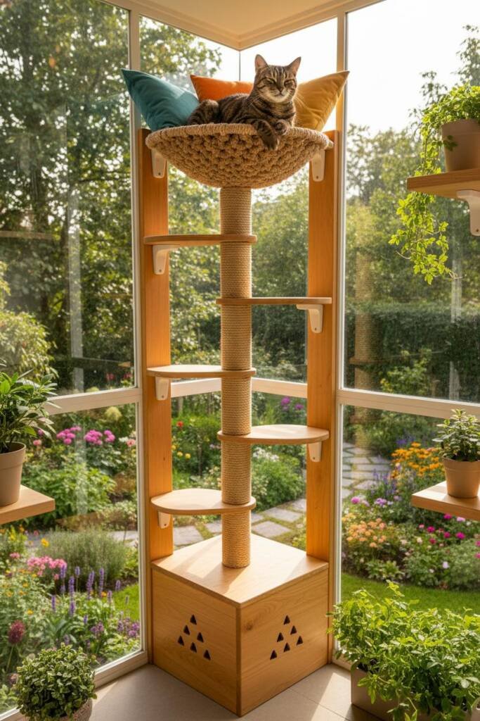 Triangular tower designed to fit 90-degree corner angles with angled base compartment concealing litter box, spiral arrangeme