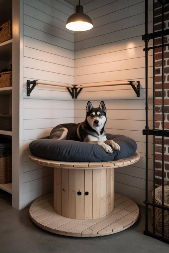 A husky mix lying on a large industrial cable spool with smooth sealed wood finish and a perfectly fitted round cushion in ch