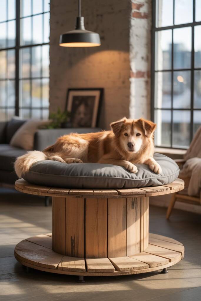 A husky mix lying on a large industrial cable spool with smooth sealed wood finish and a perfectly fitted round cushion in ch