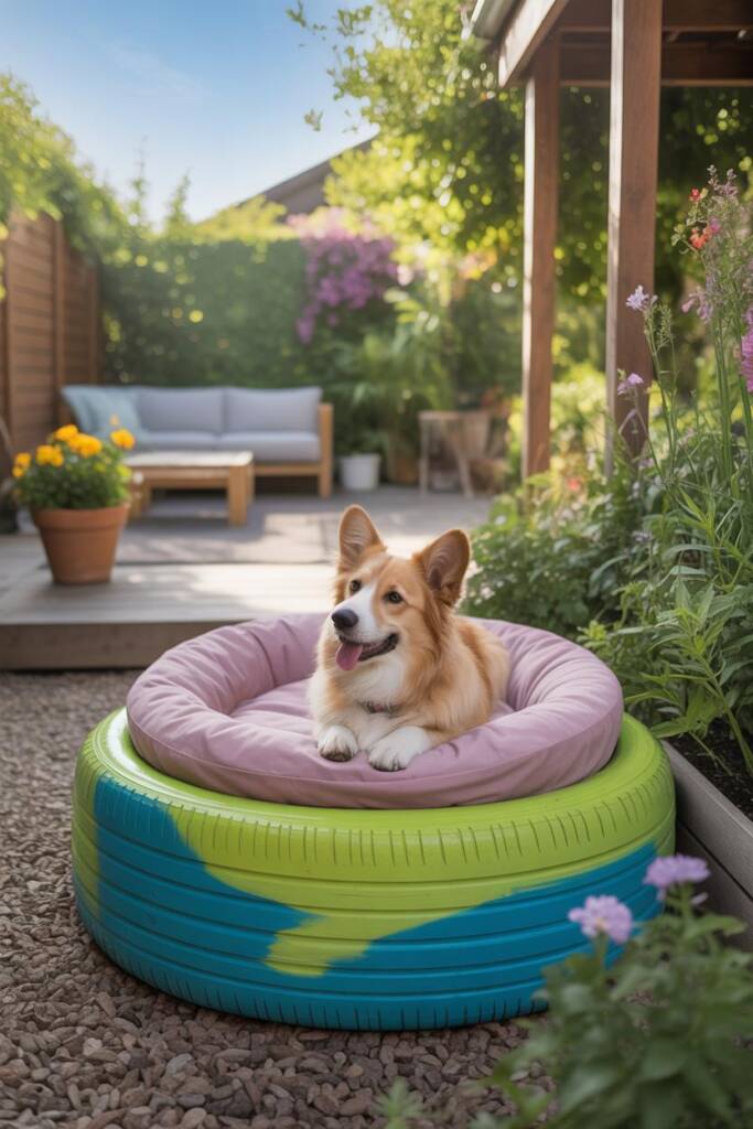 A corgi relaxing in a bright turquoise painted tire filled with a thick outdoor cushion in coral color. The tire bed sits on