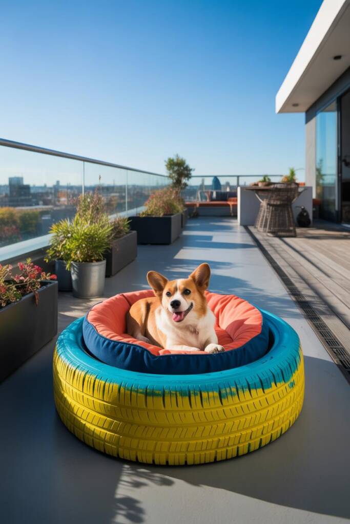 A corgi relaxing in a bright turquoise painted tire filled with a thick outdoor cushion in coral color. The tire bed sits on