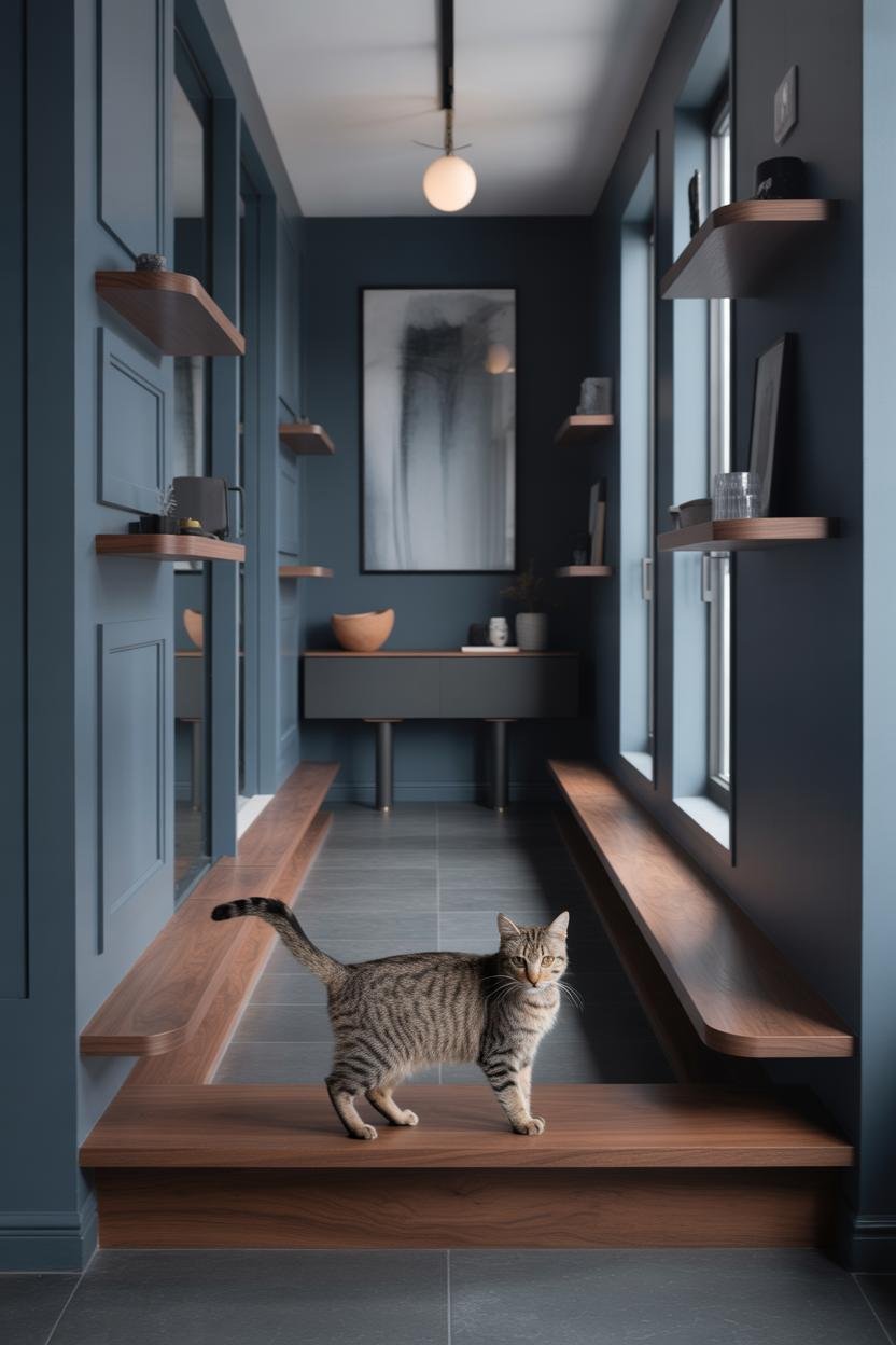 Dark, moody entryway with charcoal walls and matte black trim; floating walnut baseboard-height ledges (18–20 cm deep) stagge