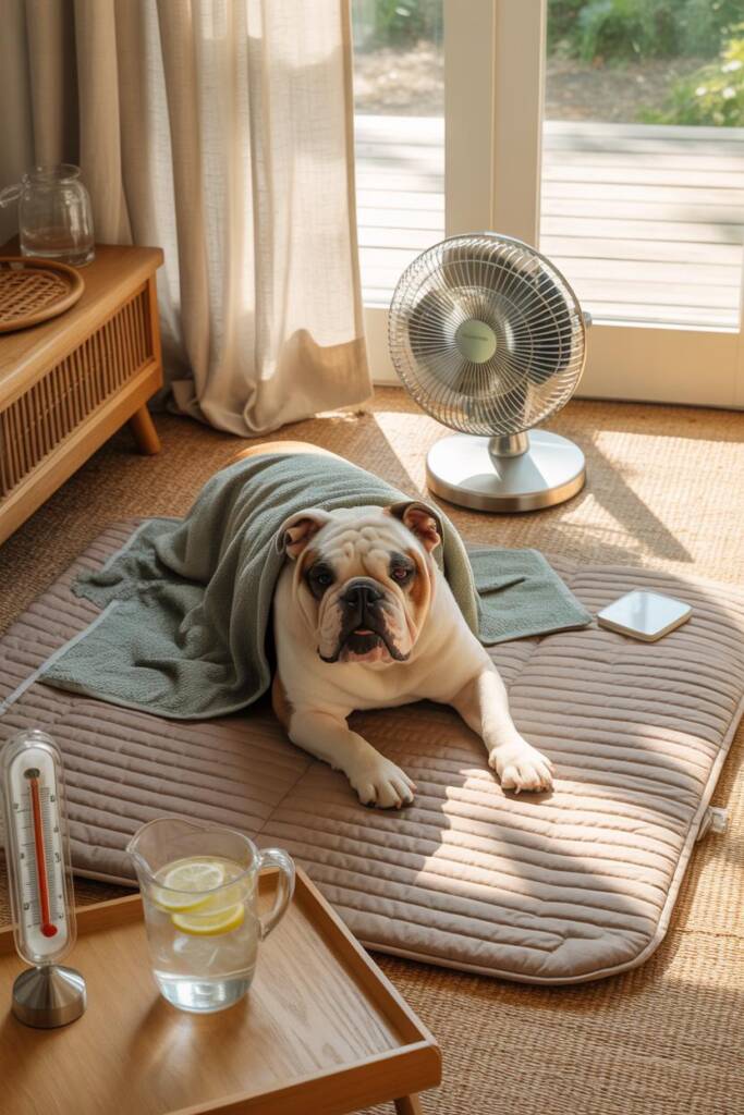 English Bulldog lying contentedly on a pressure-activated cooling mat on tile floor, small floor fan positioned nearby creati