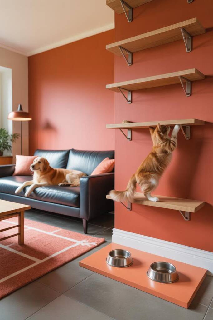 Modern living room split-screen showing coral accent wall with navy performance fabric sofa, golden retriever lounging on nav