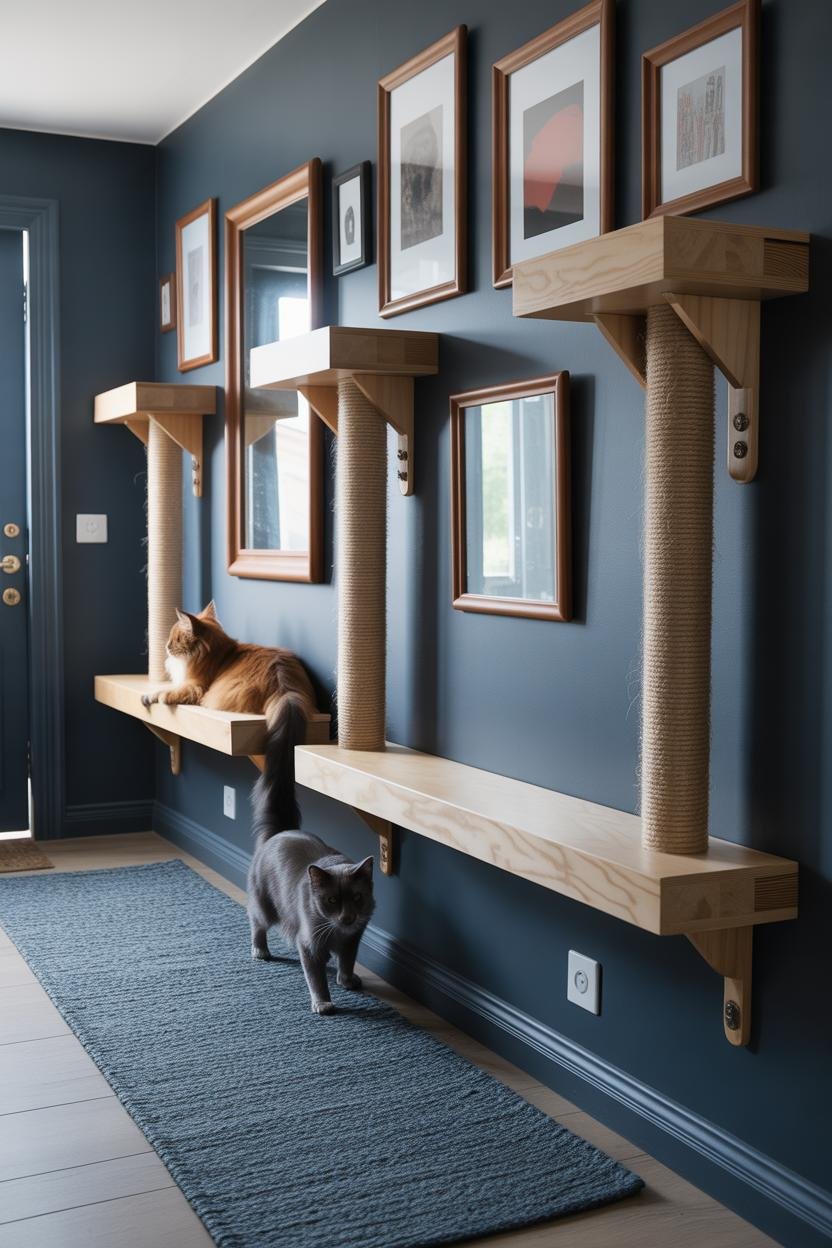 Entry gallery wall painted in deep graphite; mixed black-frame art and mirrors interlaced with horizontal oak ledges and two