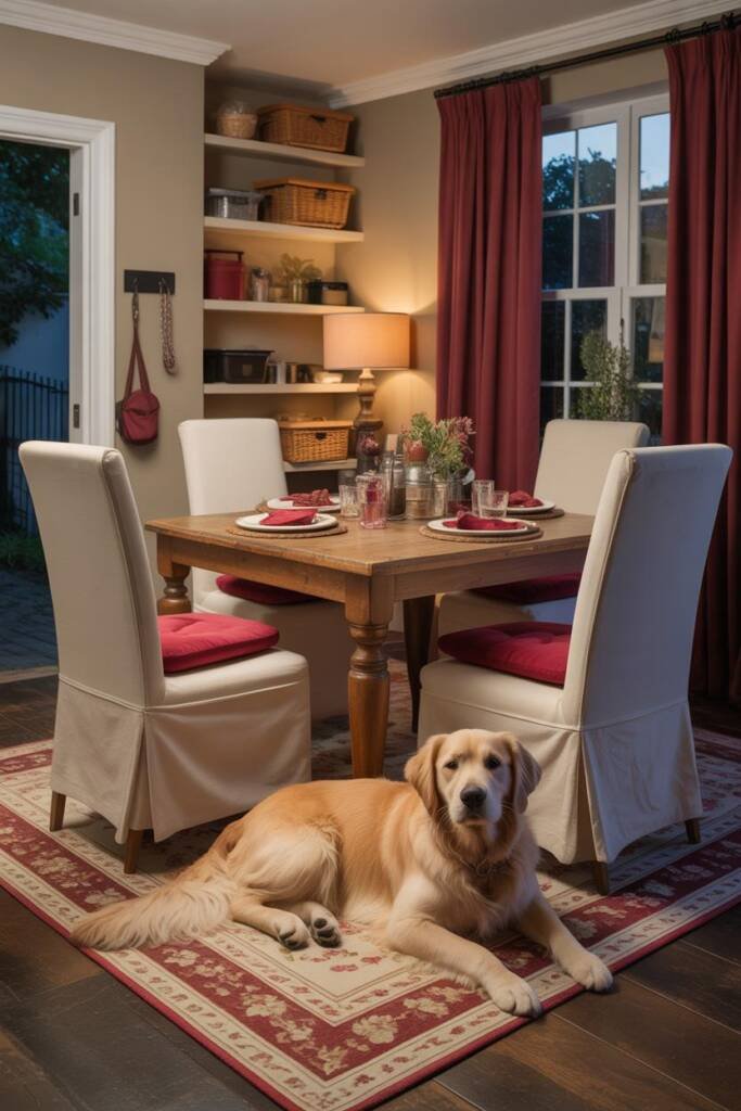 Classic dining room with cream washable slipcover dining chairs, crimson microfiber accent chairs showing stain resistance, c