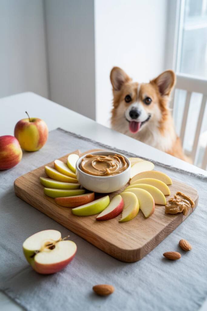 A rustic wooden board featuring fresh apple wedges arranged in a sunburst pattern around a small ceramic bowl filled with cre