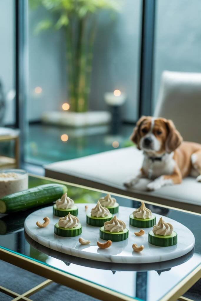 A spa-inspired, zen-like presentation with pale green cucumber rounds arranged on a sleek slate serving board. Each round is