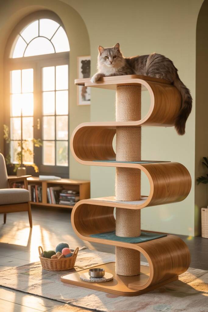 Sculptural freestanding cat tower with undulating, wave-shaped platforms and rounded edges; laminated birch in warm honey ton