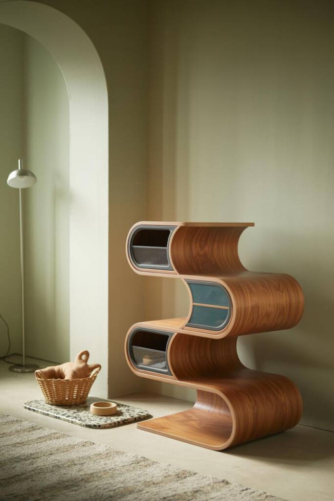 Sculptural freestanding cat tower with undulating, wave-shaped platforms and rounded edges; laminated birch in warm honey ton