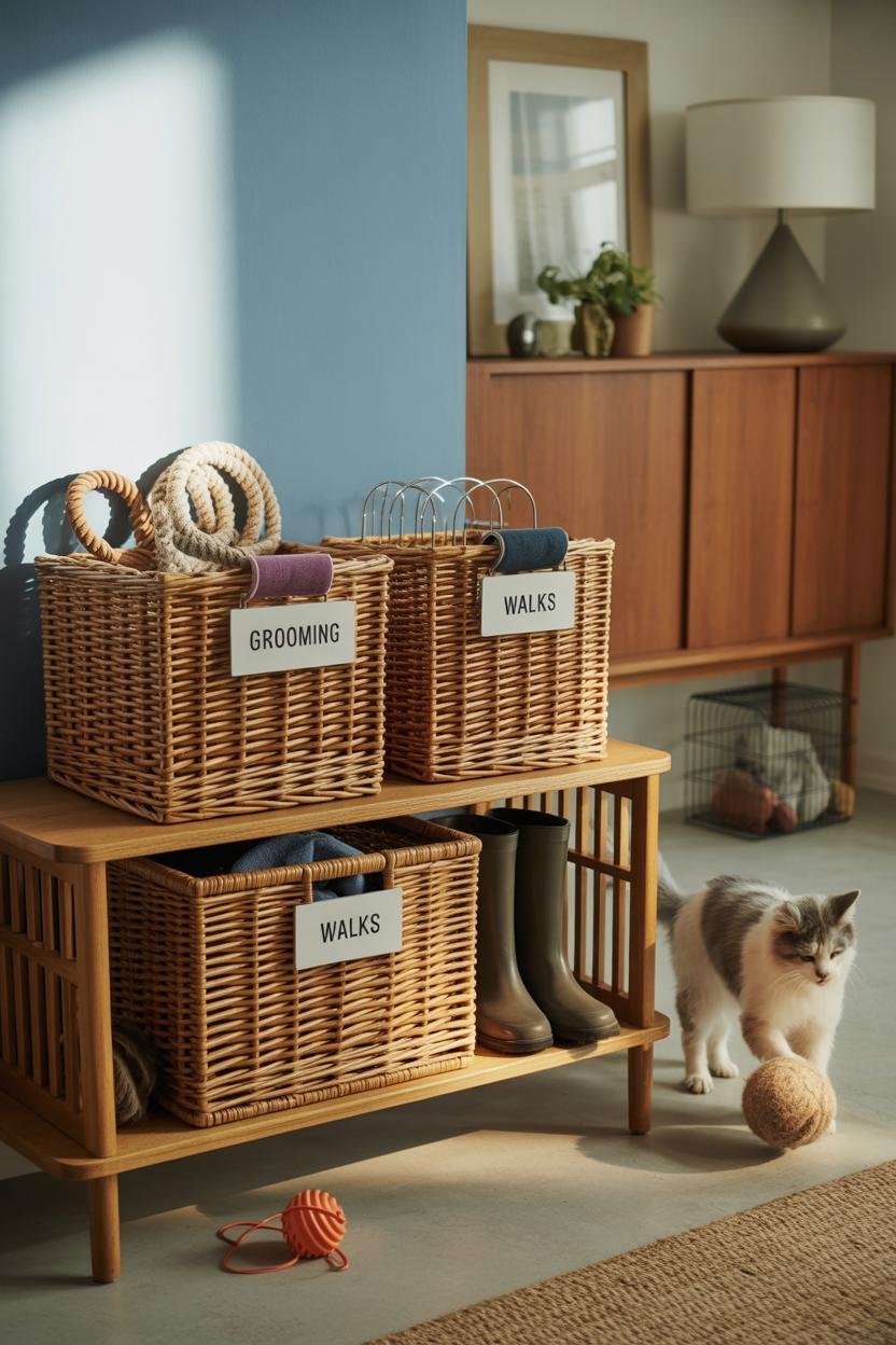 Vertical 2:3, living room corner with two thick-weave 1960s-style wicker baskets and one retro wire bin, each labeled (Toys,
