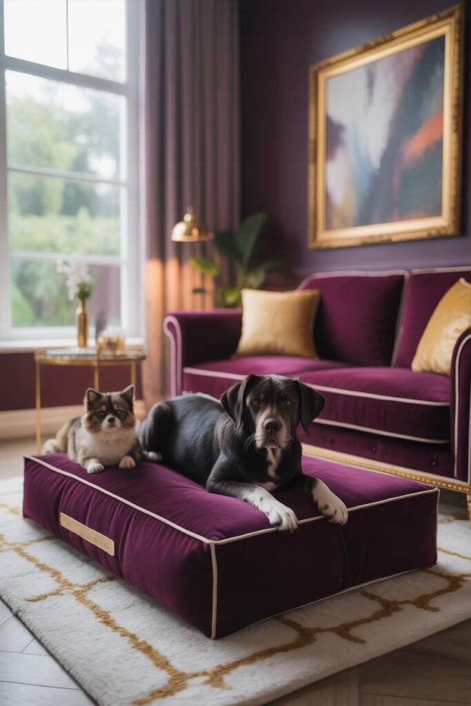 Elegant living room with deep plum velvet sofa showing how dark fur disappears, black labrador on matching deep plum pet bed