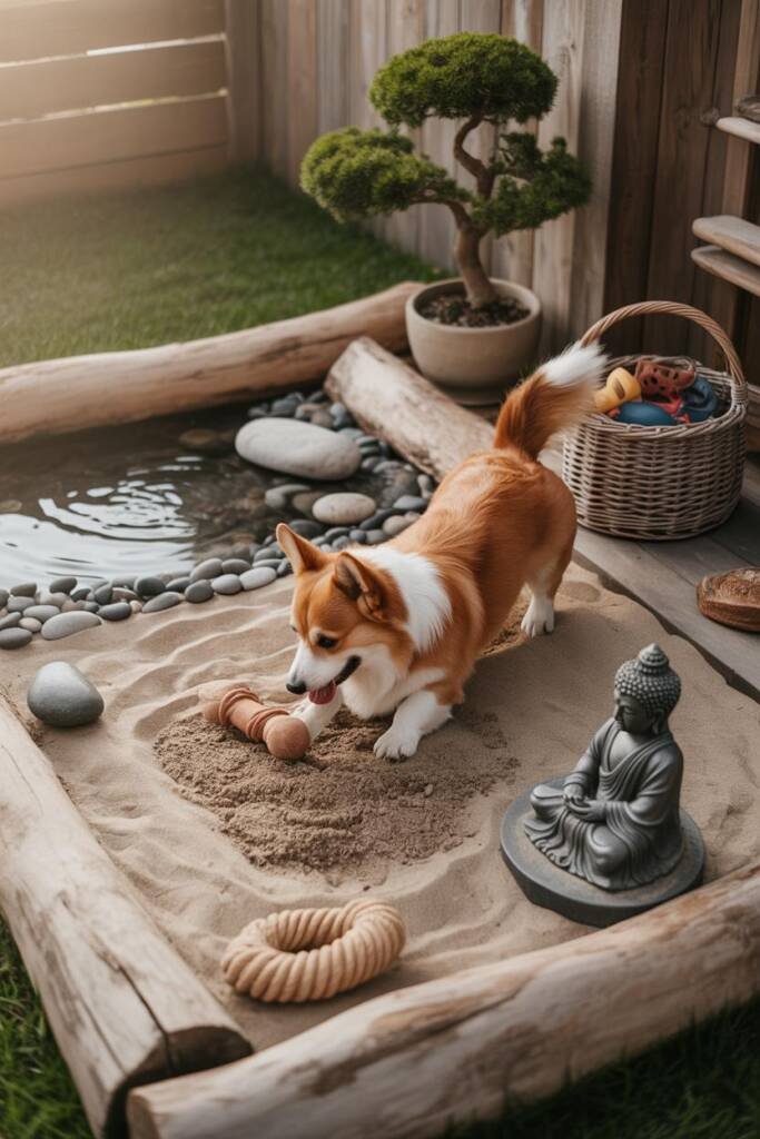 A Jack Russell terrier happily digging in a 4x4 foot sand area bordered by large smooth river rocks, zen garden aesthetic wit