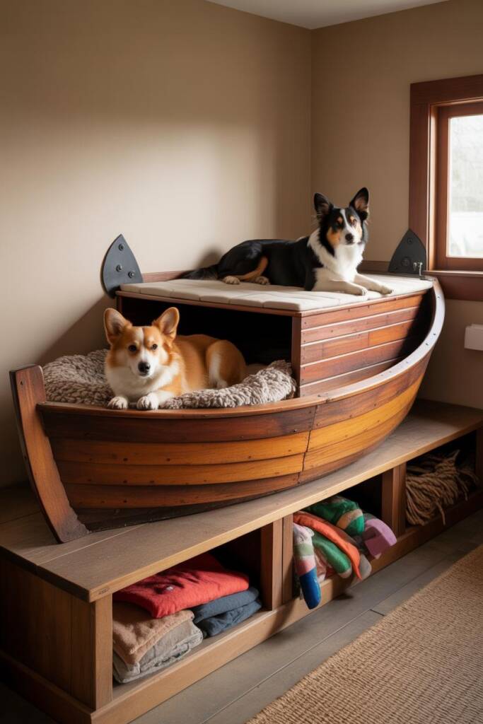 A vintage fishing boat with built-in compartments and natural levels, containing two dogs - a Corgi on the lower level with p
