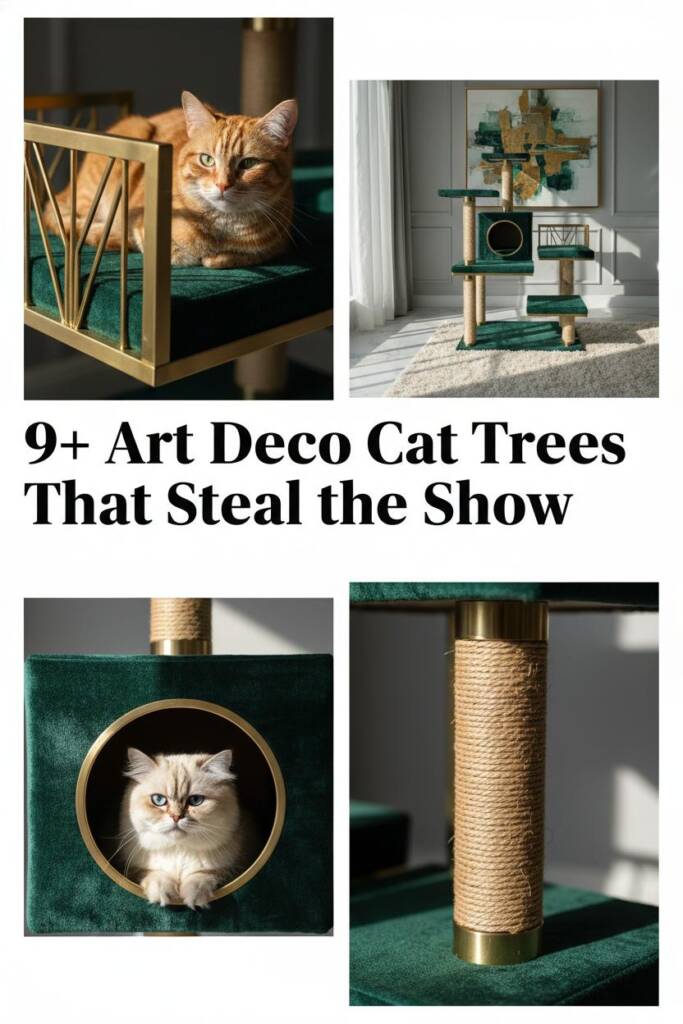 A luxurious multi-tiered cat tower wrapped in rich emerald green velvet with angular brass geometric frames. Golden brass sis