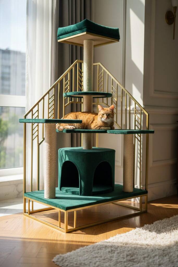 A luxurious multi-tiered cat tower wrapped in rich emerald green velvet with angular brass geometric frames. Golden brass sis