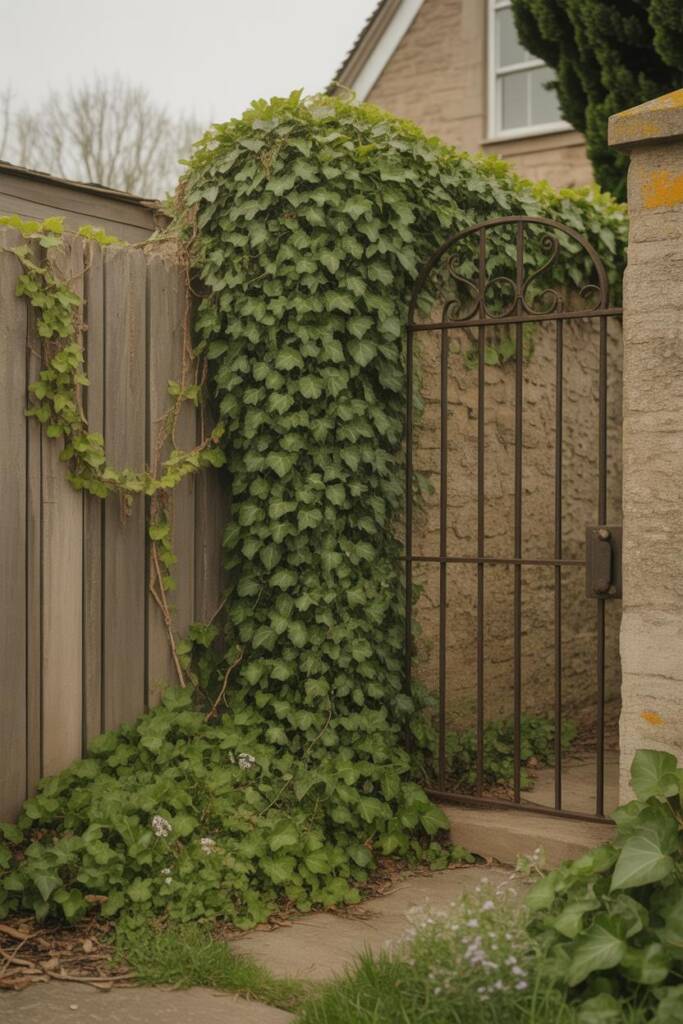 Dense english ivy covering wooden fence and spreading across ground, glossy green leaves creating lush coverage, cottage gard