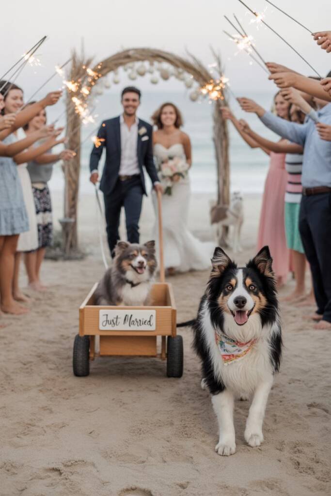 A husky wearing a light-up collar pulling a small white wagon with "Just Married" sign, leading the way through a pathway of