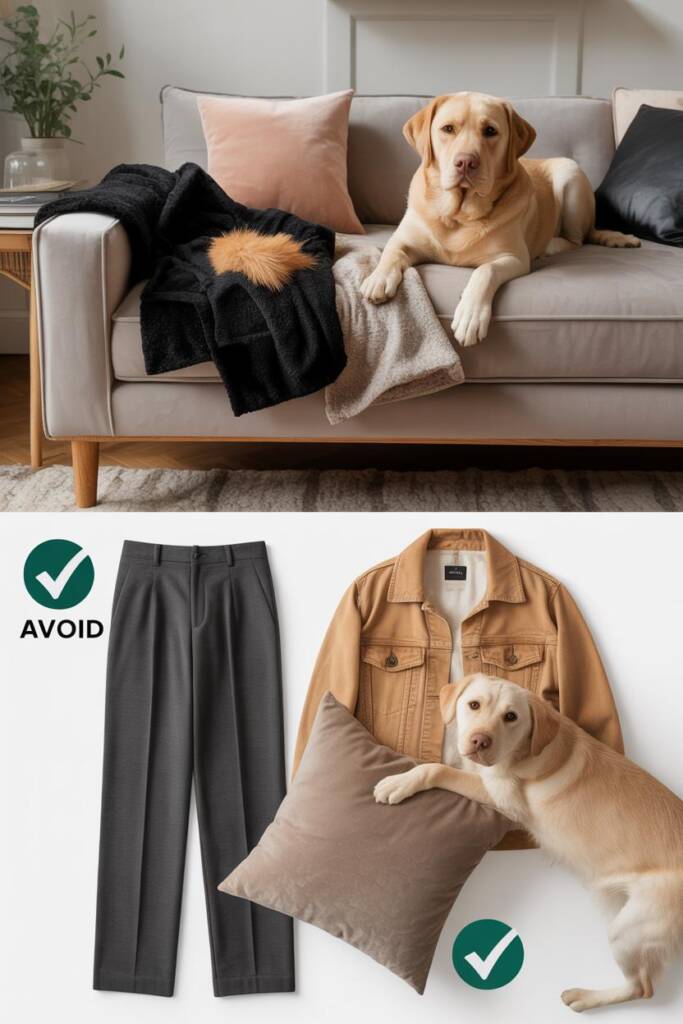 Fashion flat-lay comparison: Top half shows black fleece fabric, black velvet, and white corduroy all covered in visible gold