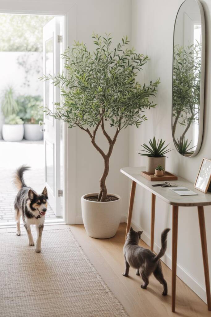 An elegant entryway featuring a lifelike 6-foot faux olive tree with naturally twisted branches and silk leaves in a heavy te