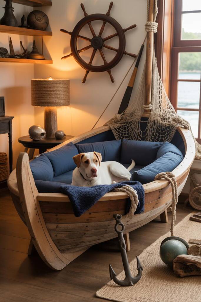 A traditional weathered fishing boat adorned with authentic maritime elements: vintage oars mounted on sides, fishing nets ar
