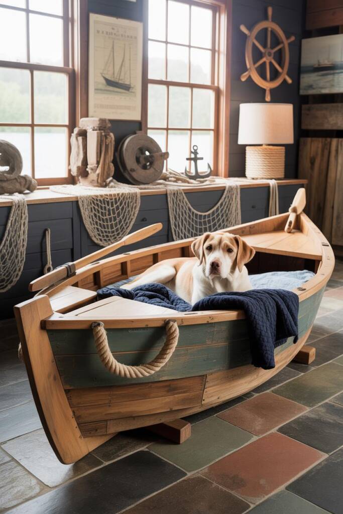 A traditional weathered fishing boat adorned with authentic maritime elements: vintage oars mounted on sides, fishing nets ar