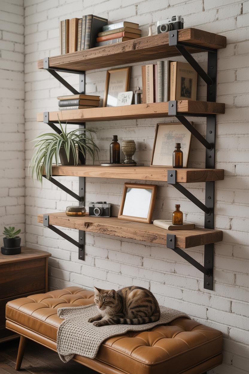 Vertical 2:3, wall with staggered reclaimed-wood floating shelves; vintage books, apothecary bottles, framed postcards; small