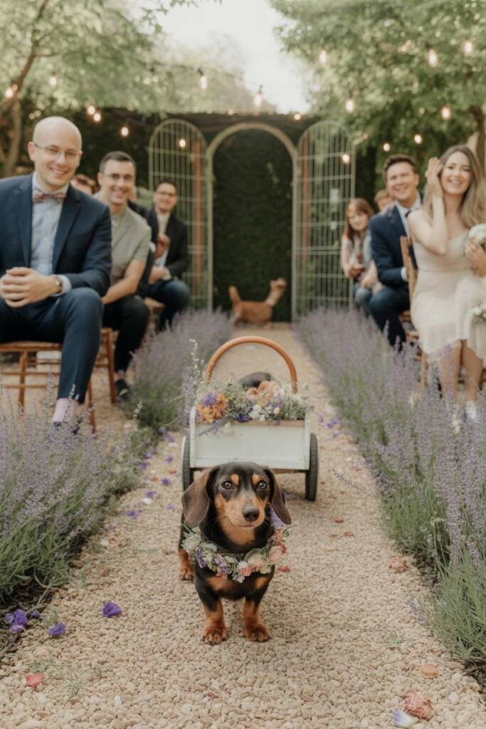 A beagle wearing a delicate floral garland collar walking down a white fabric aisle scattered with rose petals, pulling a sma