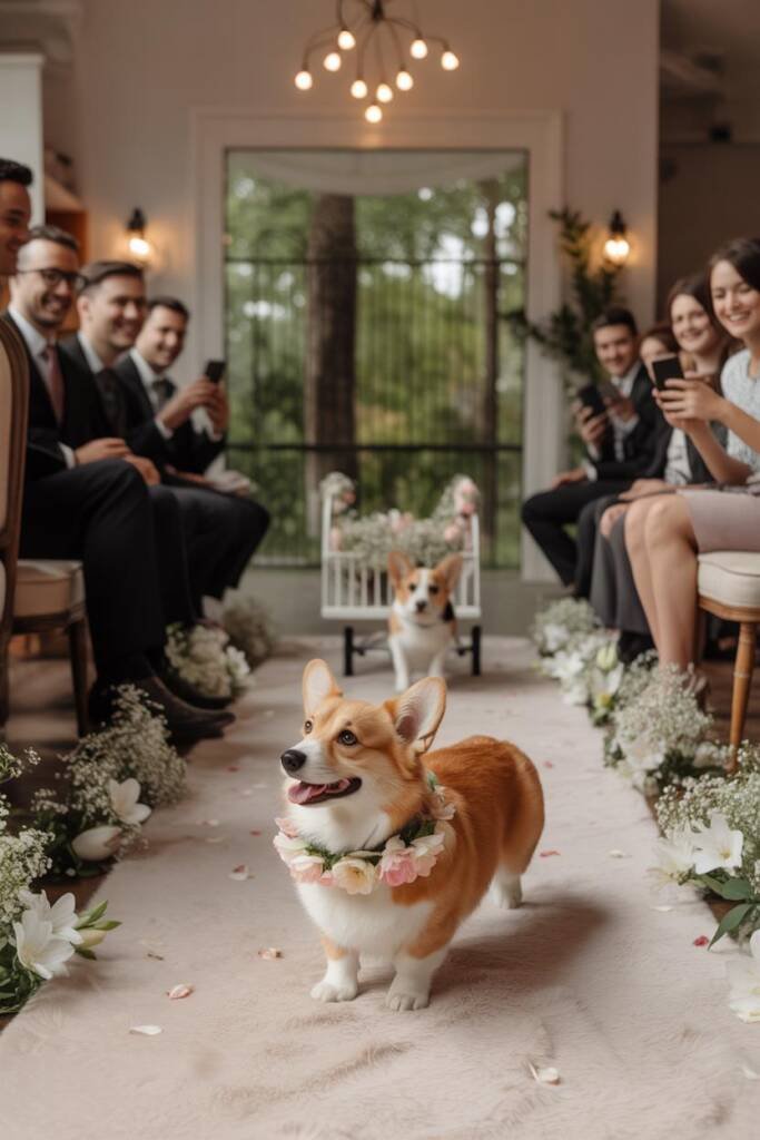 A beagle wearing a delicate floral garland collar walking down a white fabric aisle scattered with rose petals, pulling a sma