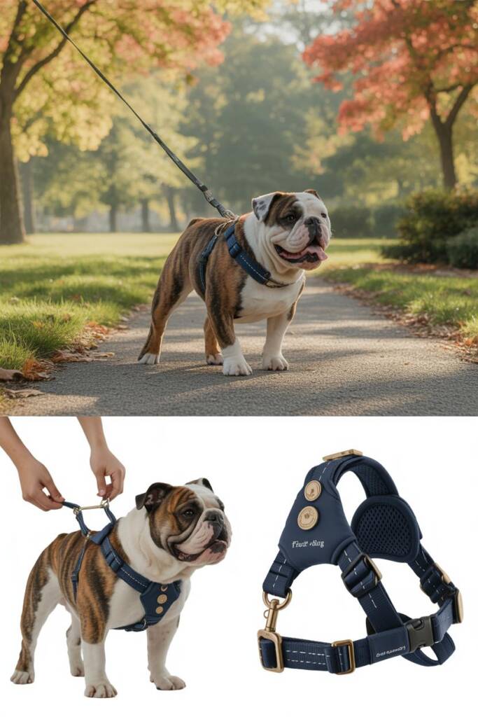 Side-by-side comparison showing a happy English Bulldog wearing a padded front-clip harness on the left (breathing comfortabl