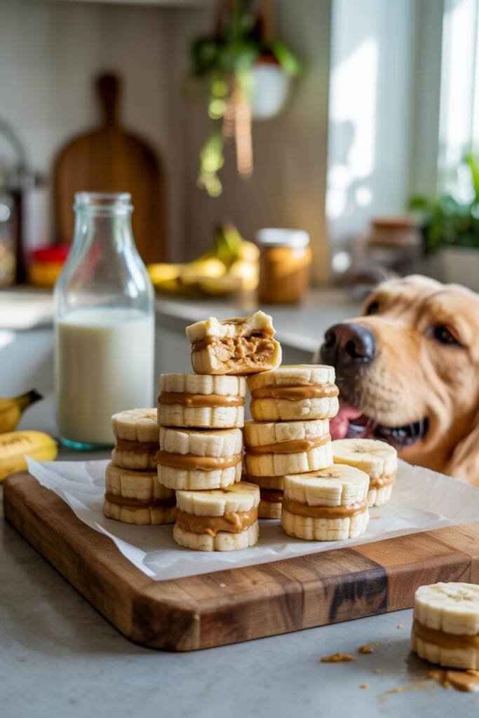 A close-up overhead shot of round golden-brown frozen banana sandwich bites arranged on a white parchment-lined tray. Each bi