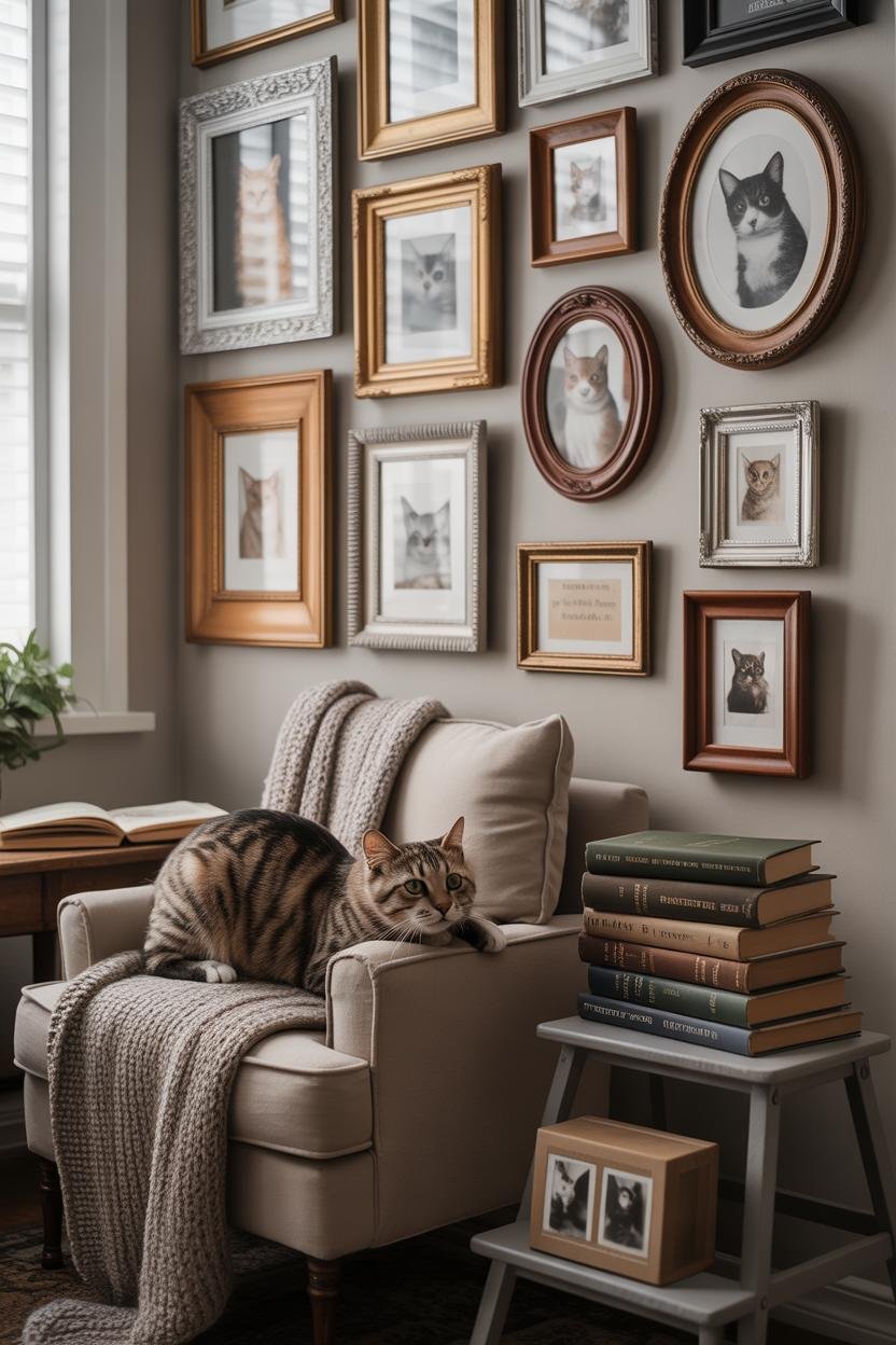Vertical 2:3, eclectic gallery wall of antique frames (gold gilt, wood, oval cameo) featuring sepia-toned pet portraits and v