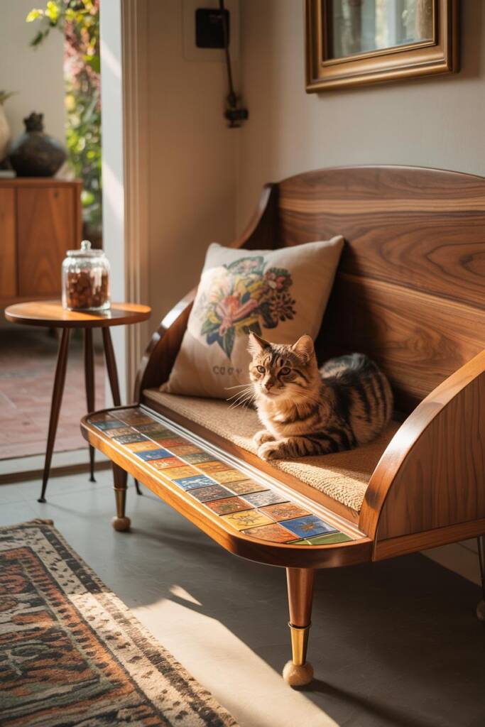 Curved wooden bench with wrought-iron accents and a tiled apron; under-bench alcove lined with cushion and scratch pad; throw