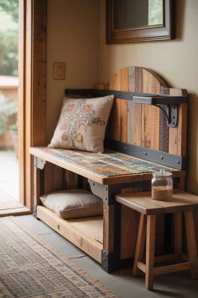 Curved wooden bench with wrought-iron accents and a tiled apron; under-bench alcove lined with cushion and scratch pad; throw