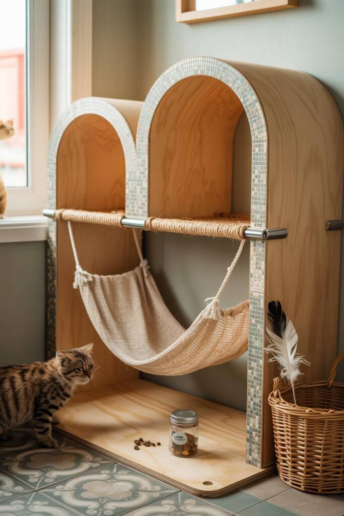 Set of two wooden arches at staggered heights with mosaic trim along edges; rope bridge between arches and a linen hammock sl